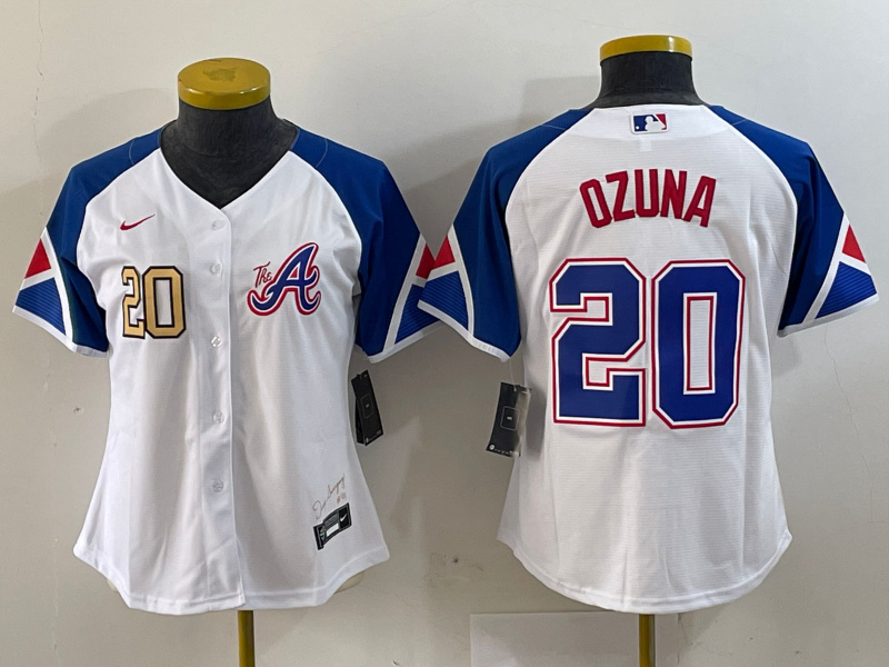 Women's Atlanta Braves #20 Marcell Ozuna White 2023 City Connect Stitched Baseball Jersey(Run Small) 1