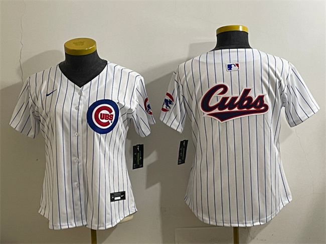 Women's Chicago Cubs Team Big Logo White Home Limited Stitched Baseball Jersey(Run Small)