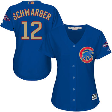 Cubs 12 Kyle Schwarber Blue Women World Series Champions Gold Program Cool Base Jersey