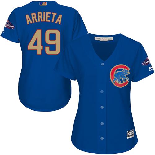 Cubs #49 Jake Arrieta Blue 2017 Gold Program Cool Base Women's Stitched MLB Jersey