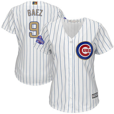 Cubs 9 Javier Baez White Women 2017 Gold Program Cool Base Jersey