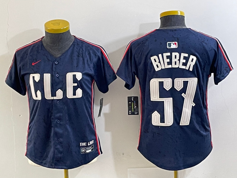 Women's Cleveland Guardians #57 Shane Bieber Navy 2024 City Connect Limited Stitched Baseball Jersey 5