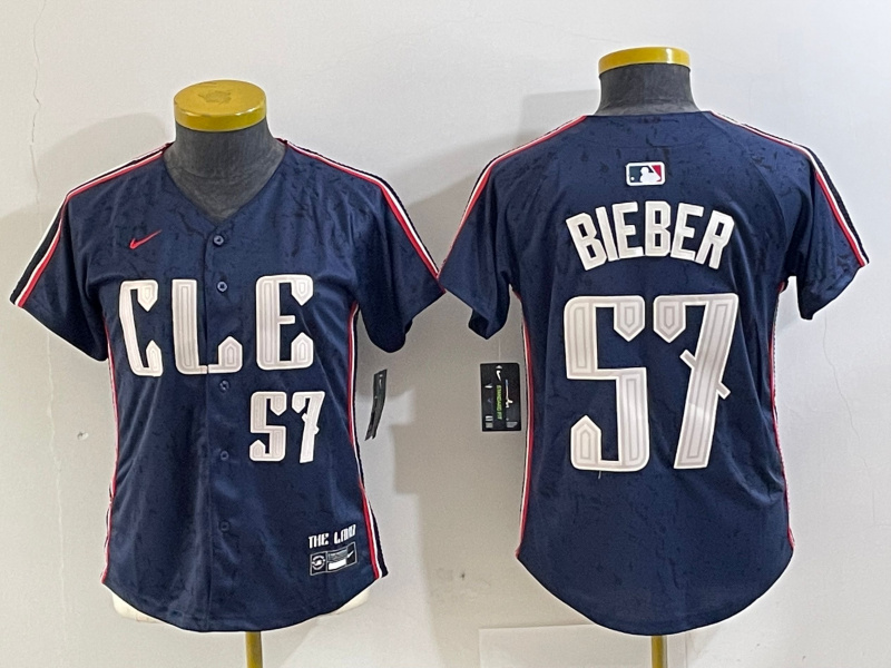 Women's Cleveland Guardians #57 Shane Bieber Navy 2024 City Connect Limited Stitched Baseball Jersey 4