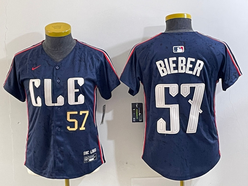 Women's Cleveland Guardians #57 Shane Bieber Navy 2024 City Connect Limited Stitched Baseball Jersey