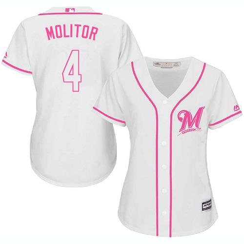 Brewers #4 Paul Molitor White Pink Fashion Women's Stitched MLB Jersey
