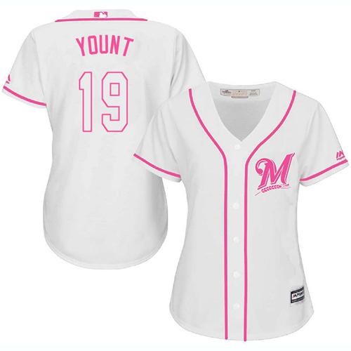 Brewers #19 Robin Yount White Pink Fashion Women's Stitched MLB Jersey