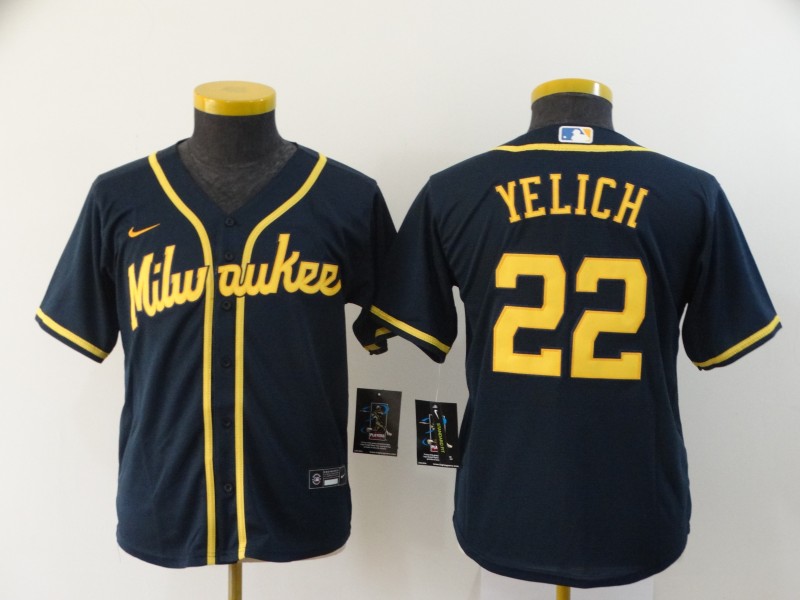 Youth Brewers 22 Christian Yelich Navy Youth Nike 2020 Cool Base Jersey