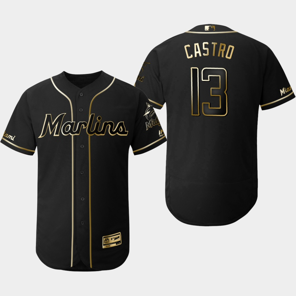 Marlins 13 Starlin Castro Black Gold Flexbase Jersey