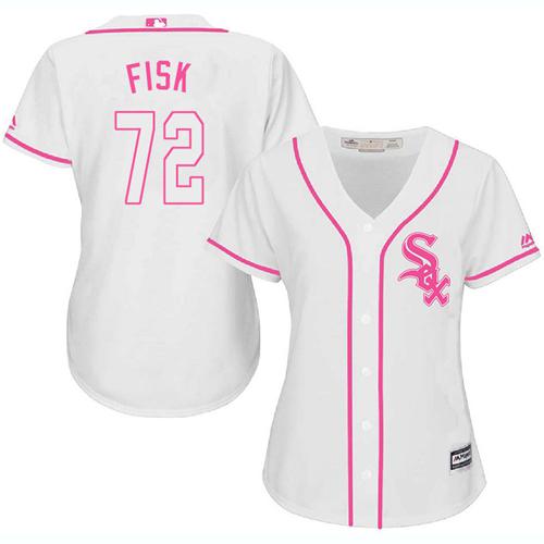 White Sox #72 Carlton Fisk White Pink Fashion Women's Stitched MLB Jersey