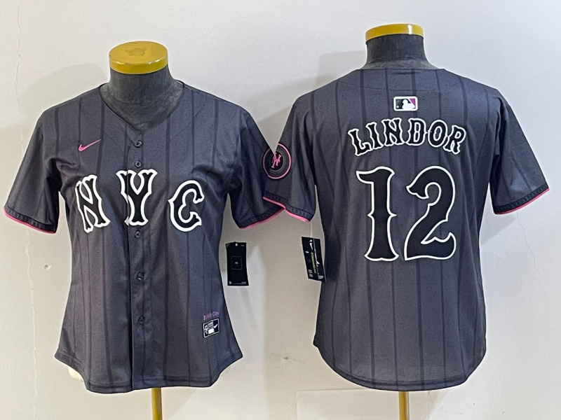 Women's New York Mets #12 Francisco Lindor Graphite 2024 City Connect Limited Stitched Baseball Jersey(Run Small) 19