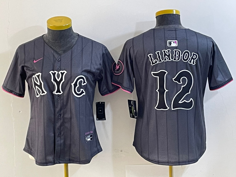Women's New York Mets #12 Francisco Lindor Graphite 2024 City Connect Limited Stitched Baseball Jersey(Run Small) 18