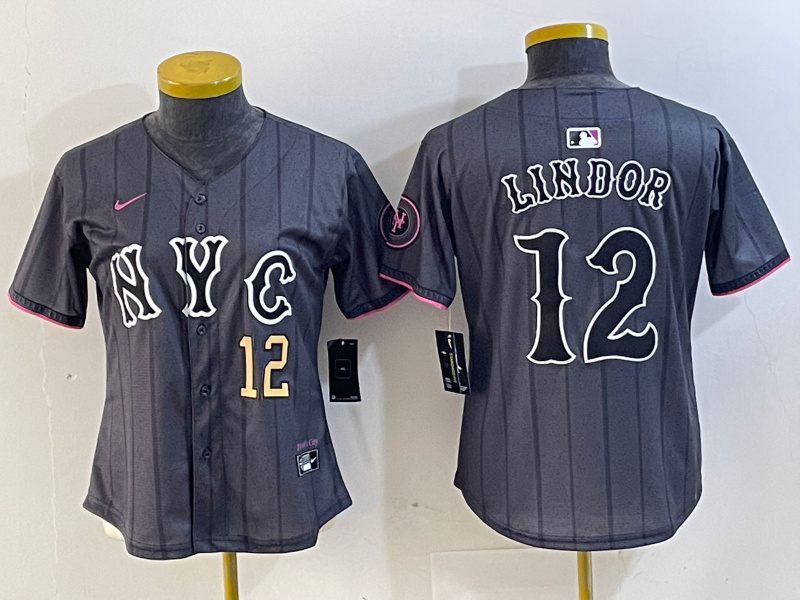 Women New York Mets #12 Francisco Lindor Graphite 2024 City Connect Limited Stitched Baseball Jersey 8