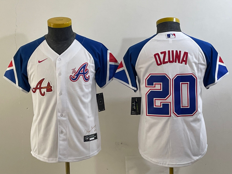 Youth Atlanta Braves #20 Marcell Ozuna White 2023 City Connect Stitched Baseball Jersey(Run Small) 3