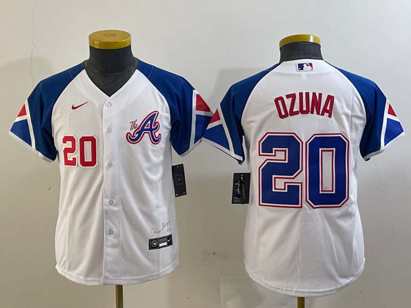 Youth Atlanta Braves #20 Marcell Ozuna White 2023 City Connect Stitched Baseball Jersey(Run Small) 2