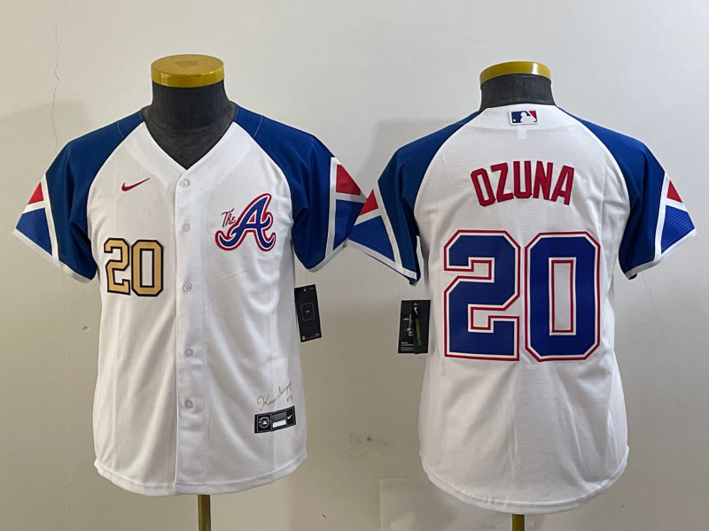Youth Atlanta Braves #20 Marcell Ozuna White 2023 City Connect Stitched Baseball Jersey(Run Small) 1