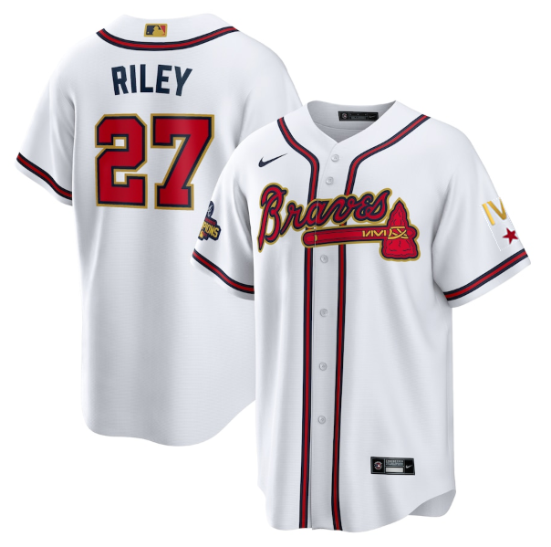 Youth Atlanta Braves #27 Austin Riley 2022 White Gold World Series Champions Program Cool Base Stitched Jersey