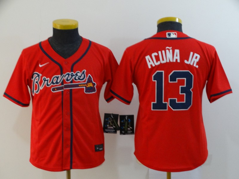 Youth Braves 13 Ronald Acuna Jr. Red Youth 2020 Nike Cool Base Jersey