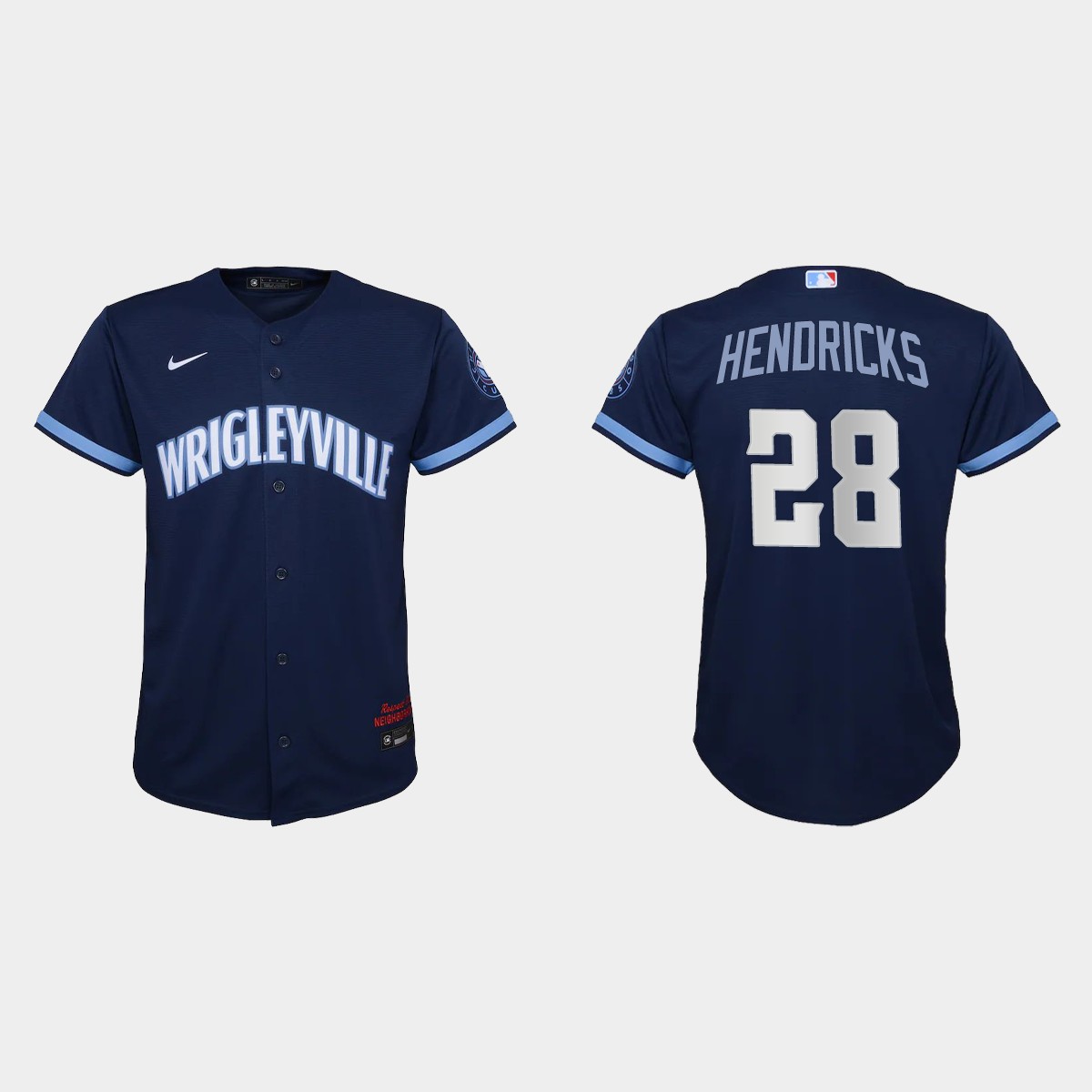 Chicago Cubs #28 Kyle Hendricks Youth Nike 2021 City Connect Navy MLB Jersey
