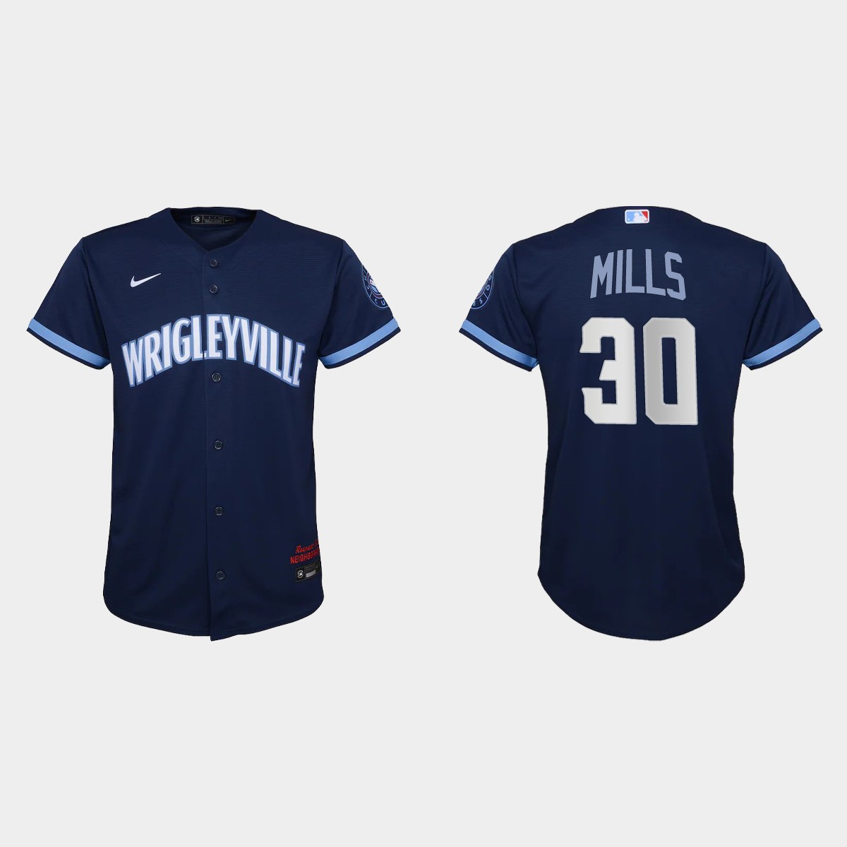Chicago Cubs #30 Alec Mills Youth Nike 2021 City Connect Navy MLB Jersey