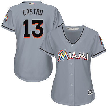 Marlins #13 Starlin Castro Grey Road Women's Stitched MLB Jersey