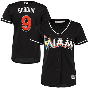 Marlins #9 Dee Gordon Black Alternate Women's Stitched MLB Jersey