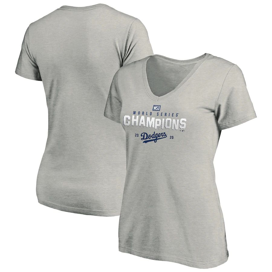 Los Angeles Dodgers Women's 2020 World Series Champions Crush the Ball Hometown V-Neck T-Shirt Heather Gray