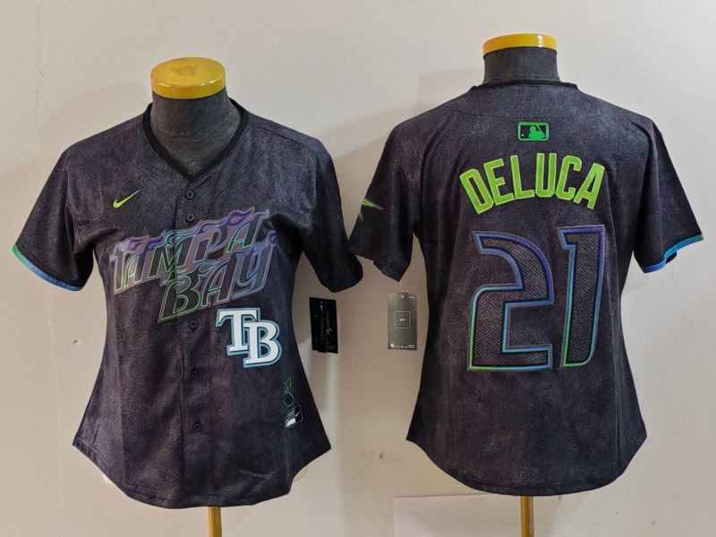 Women's Tampa Bay Rays #21 Jonny DeLuca Charcoal 2024 City Connect Limited Stitched Baseball Jersey(Run Small) 5