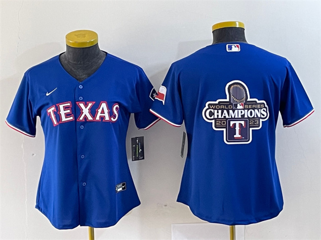 Women's Texas Rangers Royal 2023 World Series Champions Big Logo With Patch Stitched Baseball Jersey(Run Small)s
