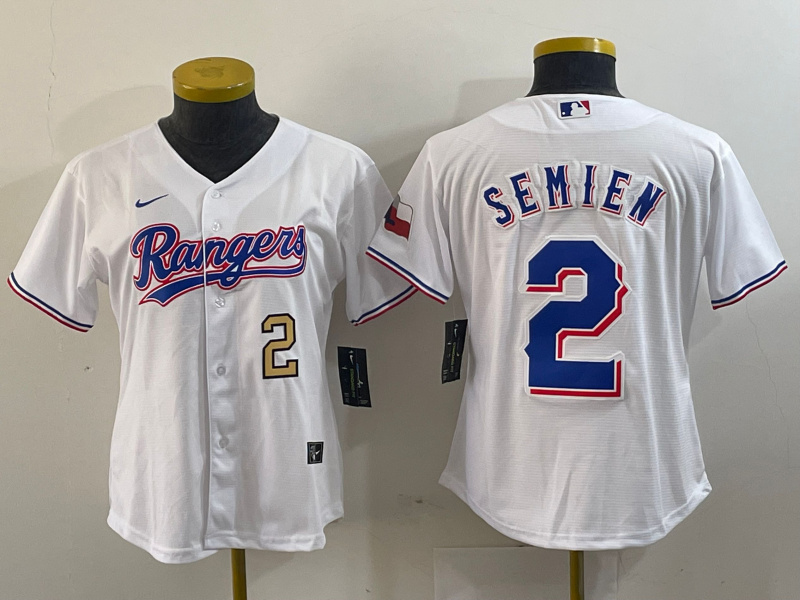 Women Texas Rangers #2 Marcus Semien White Gold Cool Base Stitched Baseball Jersey 1