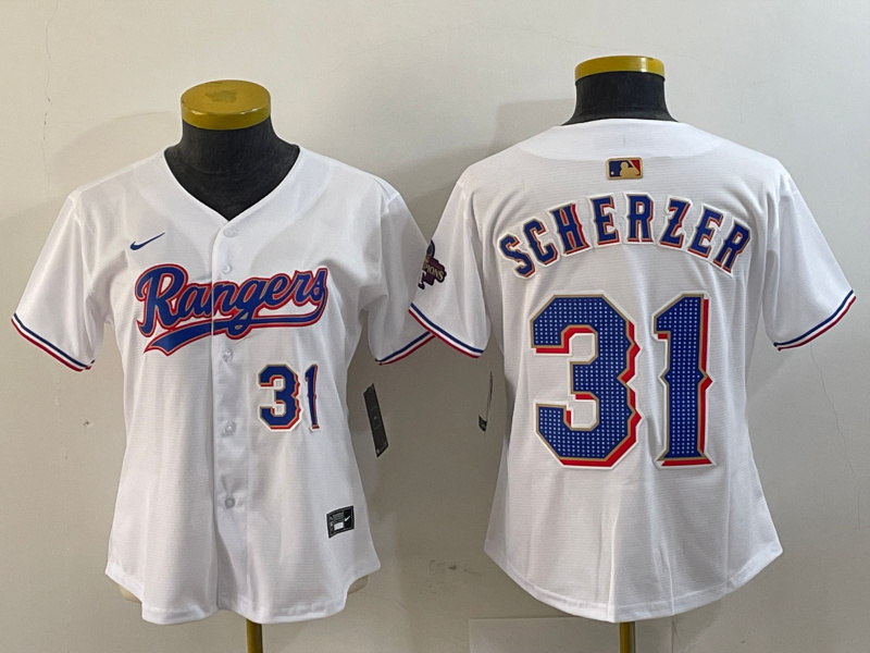 Women's Texas Rangers #31 Max Scherzer White Gold Stitched Baseball Jersey(Run Small) 1