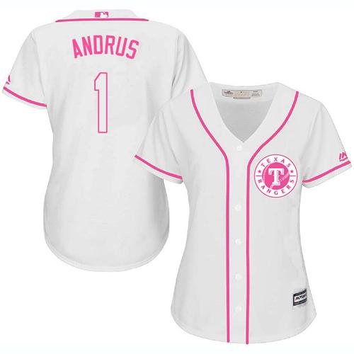 Rangers #1 Elvis Andrus White Pink Fashion Women's Stitched MLB Jersey