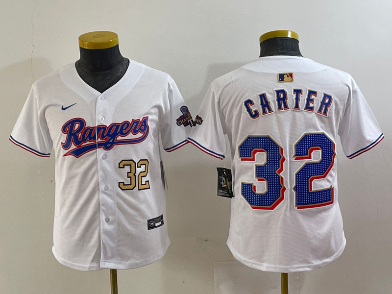 Youth Texas Rangers #32 Evan Carter White Gold Stitched Baseball Jersey(Run Small) (2)