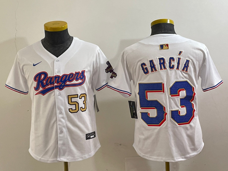Youth Texas Rangers #53 Adolis García White Gold Cool Base Stitched Baseball Jersey 8