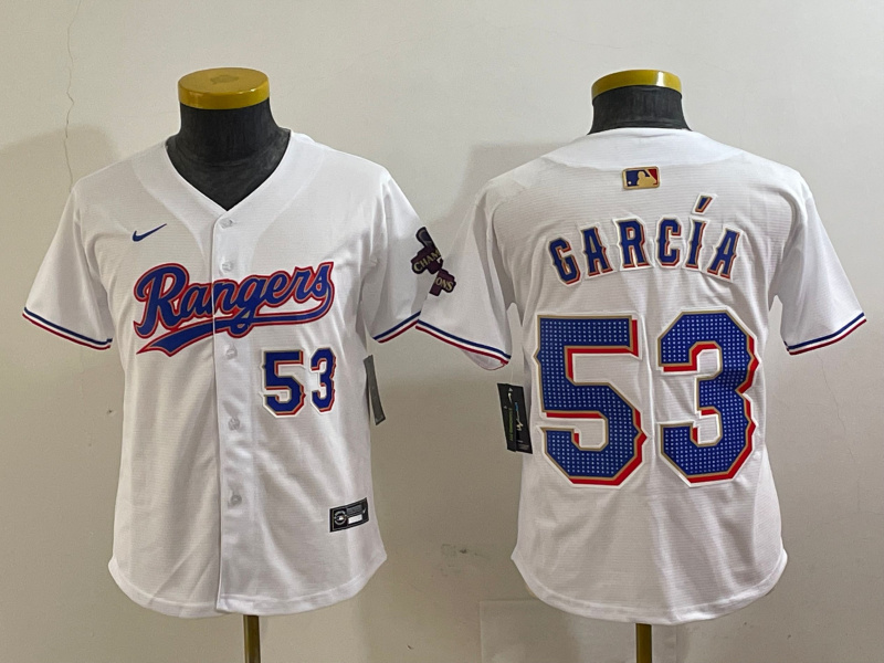 Youth Texas Rangers #53 Adolis García White Gold Cool Base Stitched Baseball Jersey 1