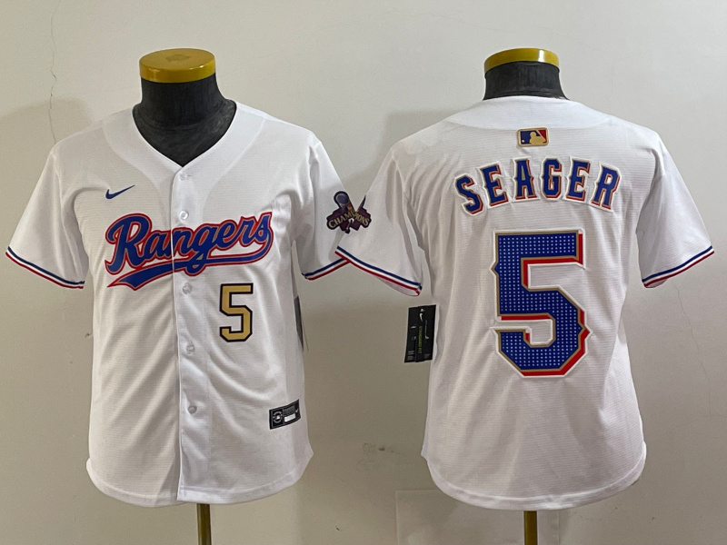 Youth Texas Rangers #5 Corey Seager White Gold Stitched Baseball Jersey(Run Small) 1