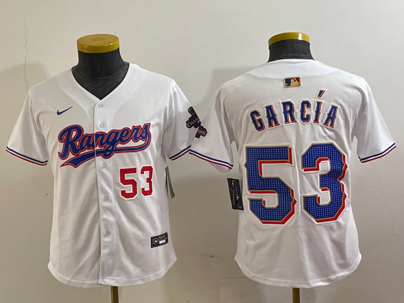 Youth Texas Rangers #53 Adolis García White Gold Cool Base Stitched Baseball Jersey