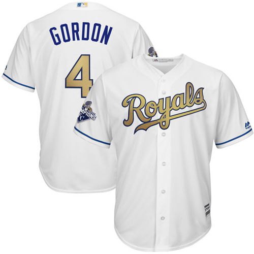 Youth Royals #4 Alex Gordon White 2015 World Series Champions Gold Program Cool Base Stitched MLB Jersey