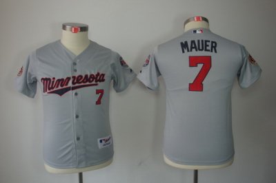 Kids MLB Minnesota Twins #7 Mauer Grey Jerseys