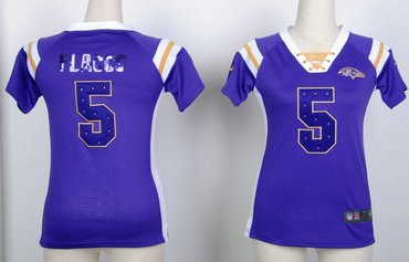 Baltimore Ravens 5 Joe Flacco Womens Draft Him Shimmer V-Neck T-Shirt - Purple