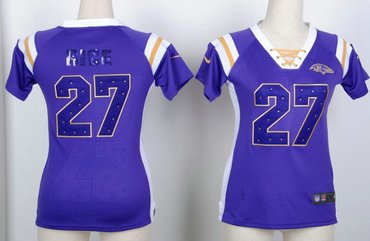 Baltimore Ravens 27 Ray Rice Womens Draft Him Shimmer V-Neck T-Shirt - Purple