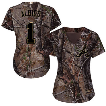 Braves #1 Ozzie Albies Camo Realtree Collection Cool Base Women's Stitched Baseball Jersey
