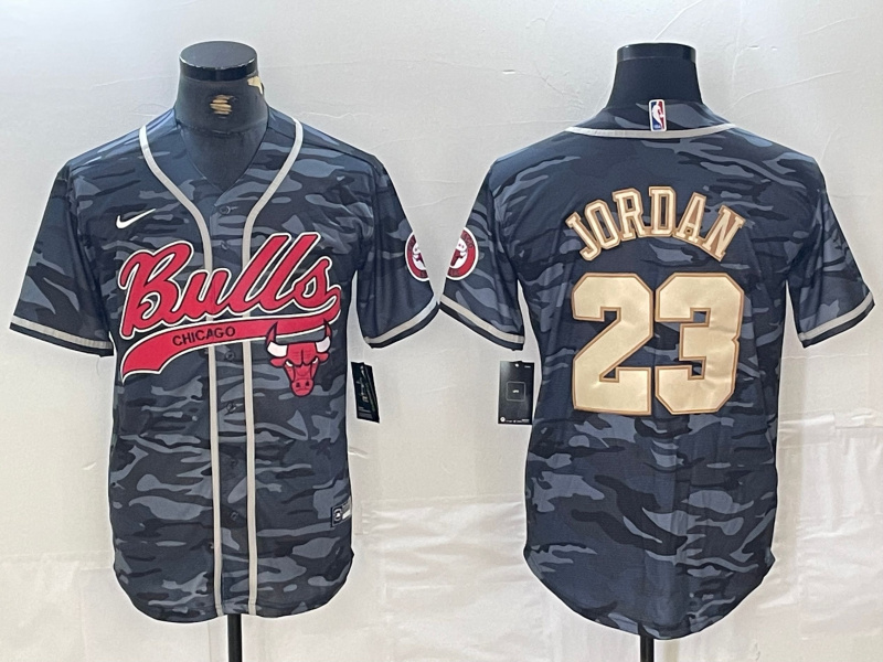 Men's Chicago Bulls #23 Michael Jordan Gray Camo Cool Base Stitched Baseball Jersey 7