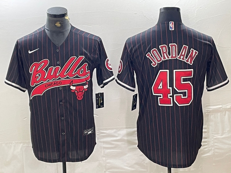 Men's Chicago Bulls #45 Michael Jordan Black Pinstripe Cool Base Stitched Baseball Jersey 3