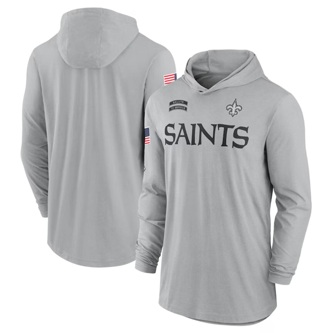 Men's New Orleans Saints 2024 Gray Salute To Service Lightweight Performance Long Sleeve Hooded T-Shirt