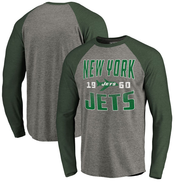 New York Jets NFL Pro Line By Fanatics Branded Timeless Collection Antique Stack Long Sleeve Tri-Blend Raglan T-Shirt Ash