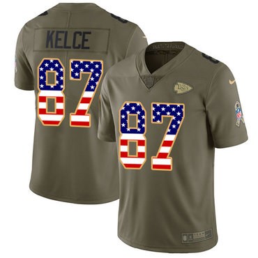 Nike Chiefs #87 Travis Kelce Olive USA Flag Men's Stitched NFL Limited 2017 Salute To Service Jersey