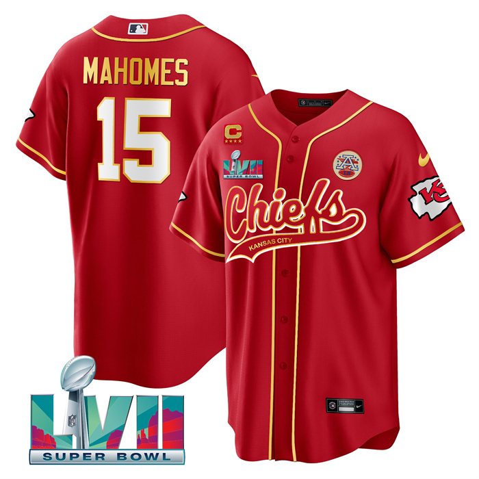 Men’s Kansas City Chiefs #15 Patrick Mahomes Red With 4-Star C Patch And Super Bowl LVII Patch Cool Bae Stitched Baseball Jersey
