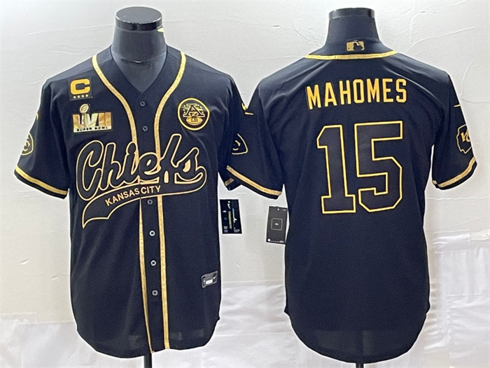 Men’s Kansas City Chiefs #15 Patrick Mahomes Black Gold With 4-Star C Patch And Super Bowl LVII Patch Cool Bae Stitched Baseball Jersey