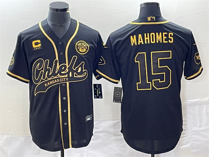 Men’s Kansas City Chiefs #15 Patrick Mahomes Black Gold With 4-Star C Patch Cool Bae Stitched Baseball Jersey