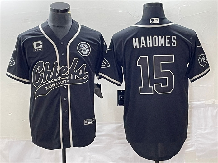 Men’s Kansas City Chiefs #15 Patrick Mahomes Black With 4-Star C Patch Cool Bae Stitched Baseball Jersey